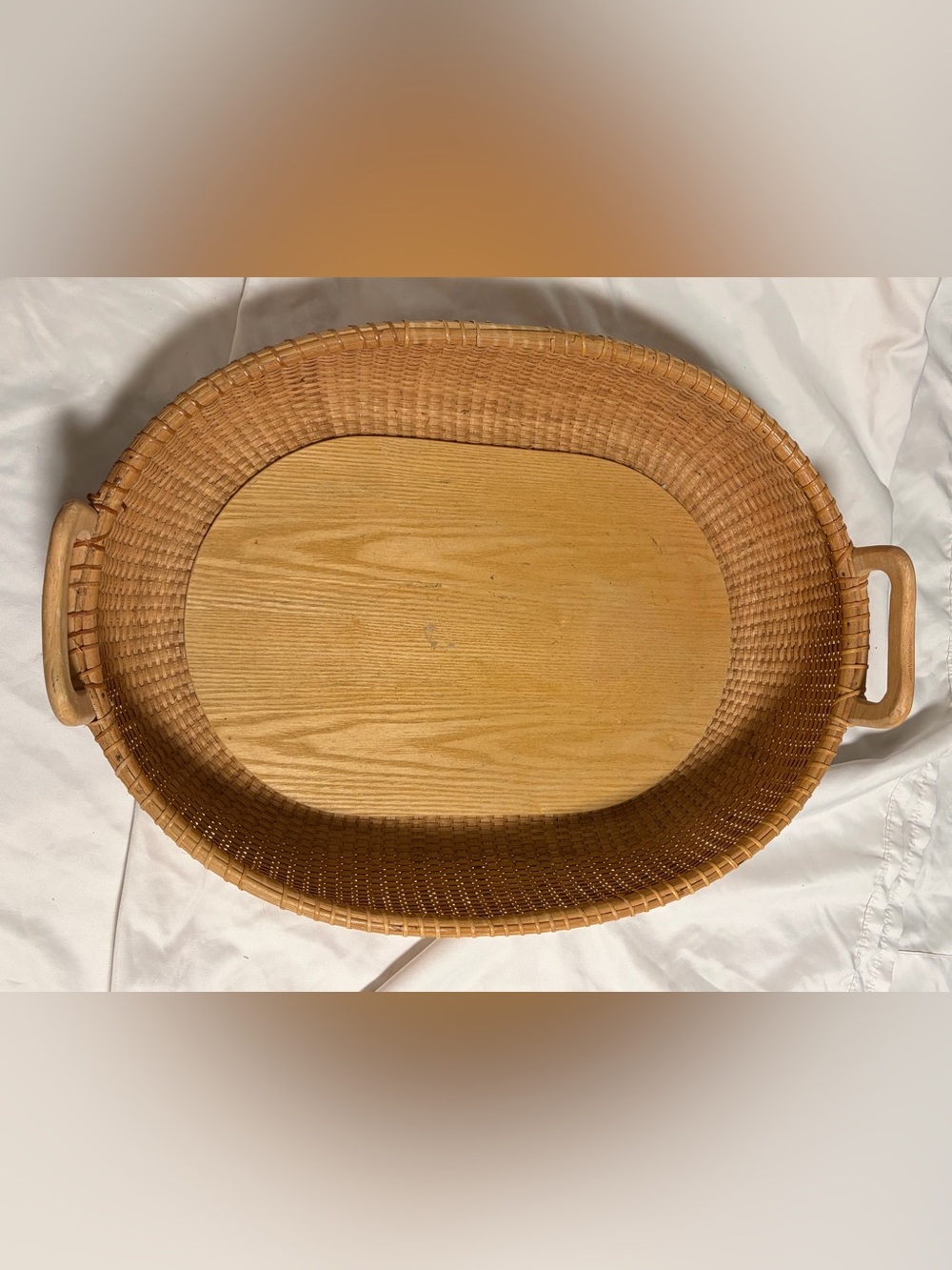 Vintage Nantucket Wicker Serving Tray w Wood Base Handles Oval 20.5”